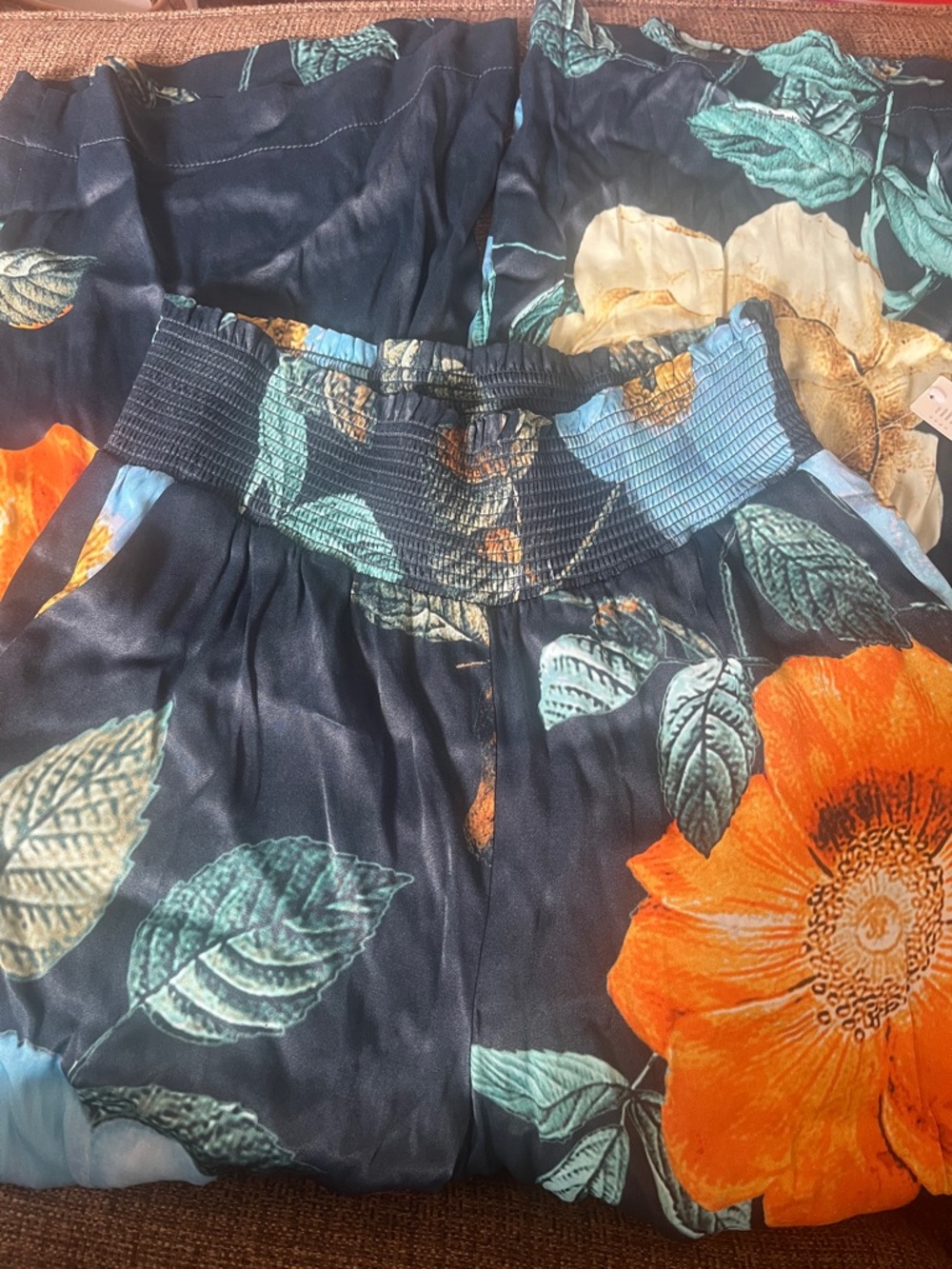 Anthropologie Navy Pants with Bright Orange & Teal Floral Print